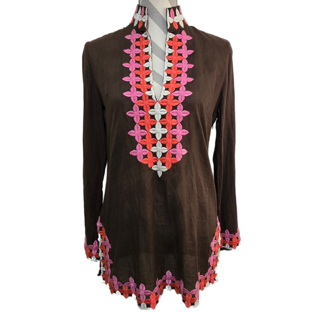 TORY BURCH Brown Tunic Long Sleeves Pink White Embroidery Size 6